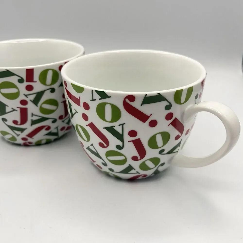 Pair Vintage Crate & Barrel 16oz JOY Mugs Holiday Christmas Red/Green Porcelain